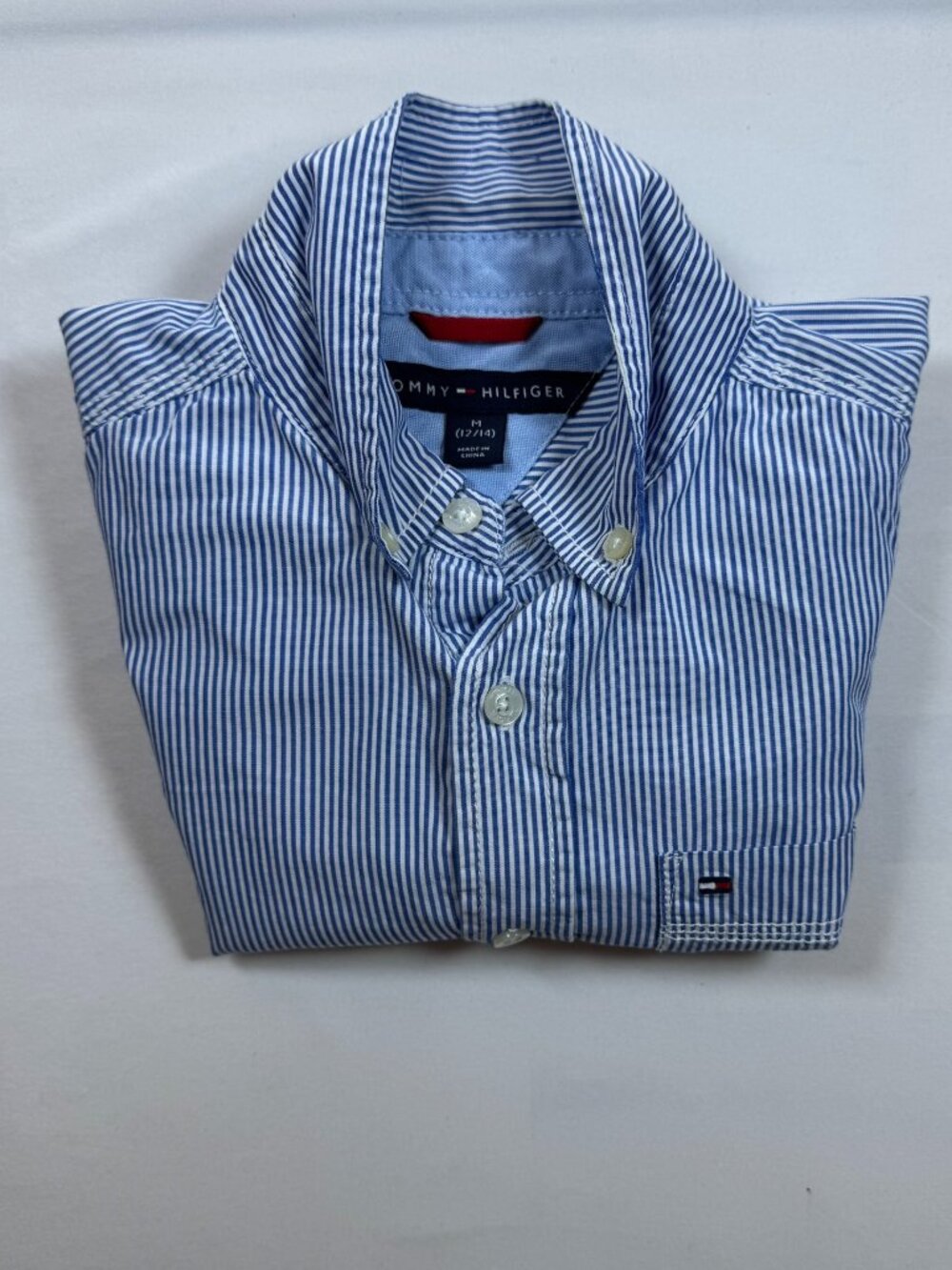 Tommy Hilfiger Boys M 12/14 Blue White Striped Button Down Shirt